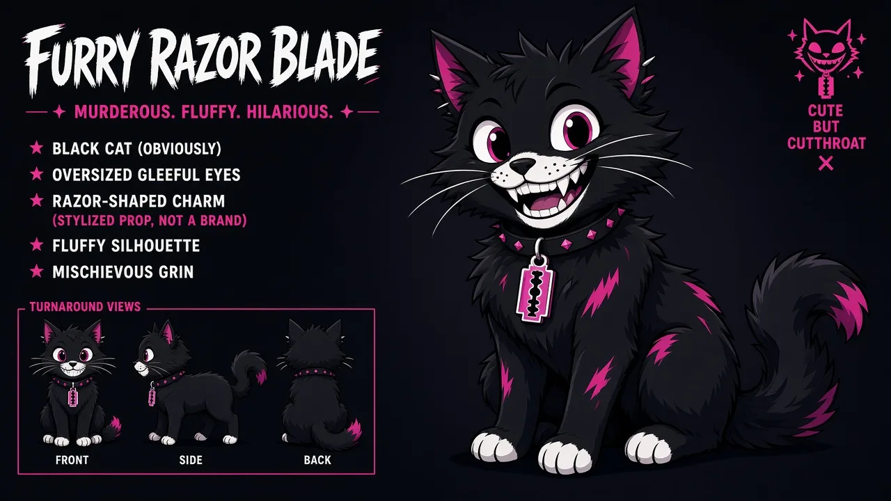 Furry Razor Blade character sheet with front, side and back turnaround views