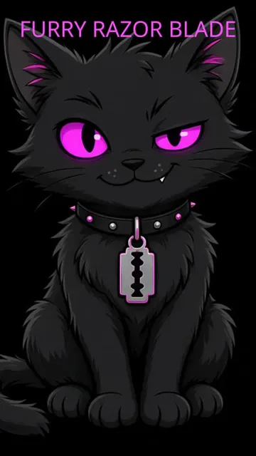 Furry Razor Blade sitting, magenta eyes, title card