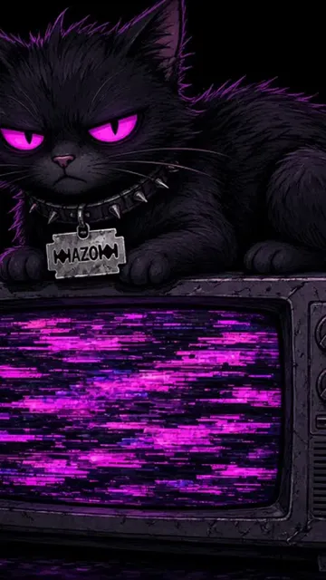 Furry Razor Blade perched on a CRT full of purple static