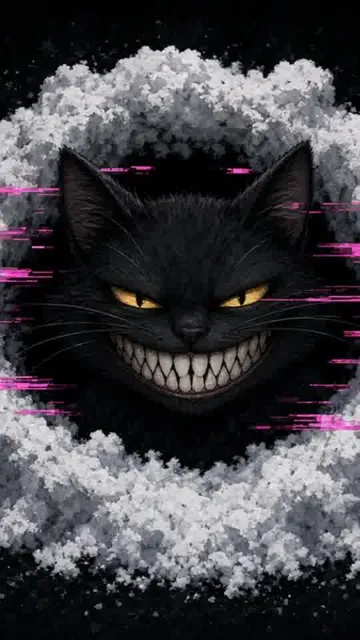 Cheshire grin through a hole in TV static